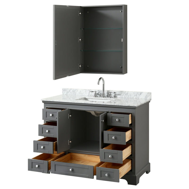 Wyndham Deborah 48" Single Bathroom Vanity In Dark Gray with White Carrara Marble Countertop Undermount Square Sink and Medicine Cabinet WCS202048SKGCMUNSMED