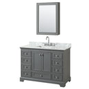 Wyndham Deborah 48" Single Bathroom Vanity In Dark Gray With White Carrara Marble Countertop Undermount Square Sink And Medicine Cabinet WCS202048SKGCMUNSMED