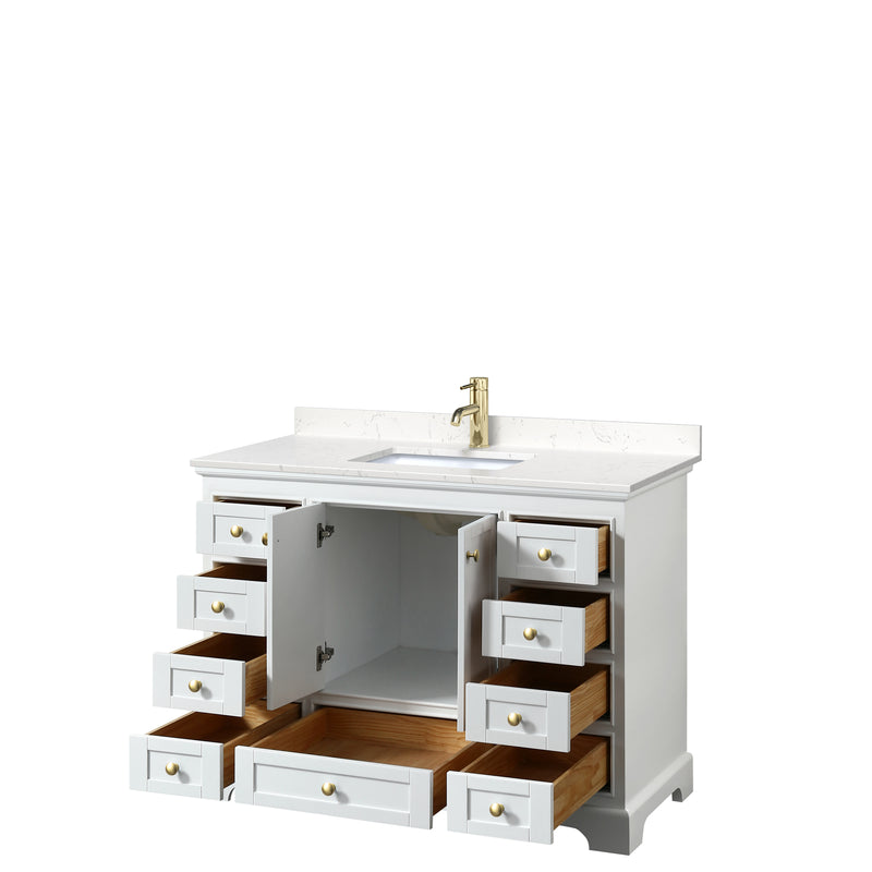 Wyndham Deborah 48" Single Bathroom Vanity In White with Light-Vein Carrara Cultured Marble Countertop Undermount Square Sink Brushed Gold Trims and No Mirror WCS202048SWGC2UNSMXX