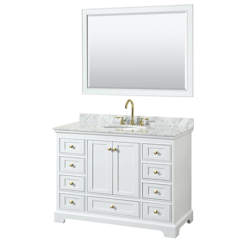 Wyndham Deborah 48" Single Bathroom Vanity In White With White Carrara Marble Countertop Undermount Oval Sink Brushed Gold Trims And 46" Mirror WCS202048SWGCMUNOM46