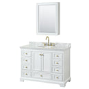 Wyndham Deborah 48" Single Bathroom Vanity In White With White Carrara Marble Countertop Undermount Oval Sink Brushed Gold Trims And Medicine Cabinet WCS202048SWGCMUNOMED