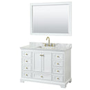 Wyndham Deborah 48" Single Bathroom Vanity In White With White Carrara Marble Countertop Undermount Square Sink Brushed Gold Trims And 46" Mirror WCS202048SWGCMUNSM46