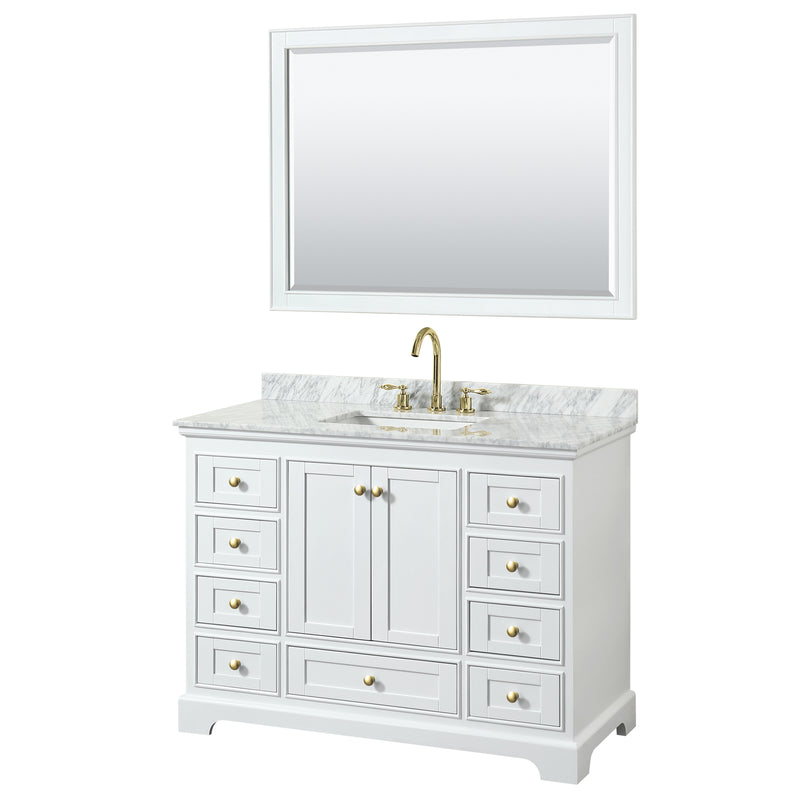 Wyndham Deborah 48" Single Bathroom Vanity In White With White Carrara Marble Countertop Undermount Square Sink Brushed Gold Trims And 46" Mirror WCS202048SWGCMUNSM46