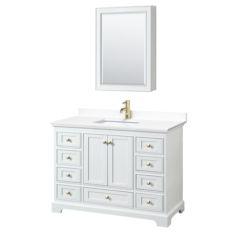 Wyndham Deborah 48" Single Bathroom Vanity In White With White Cultured Marble Countertop Undermount Square Sink Brushed Gold Trims And Medicine Cabinet WCS202048SWGWCUNSMED