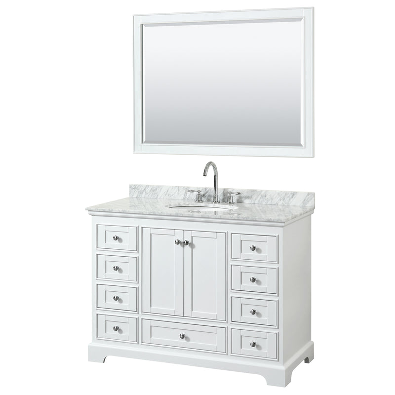 Wyndham Deborah 48" Single Bathroom Vanity In White With White Carrara Marble Countertop Undermount Oval Sink And 46" Mirror WCS202048SWHCMUNOM46