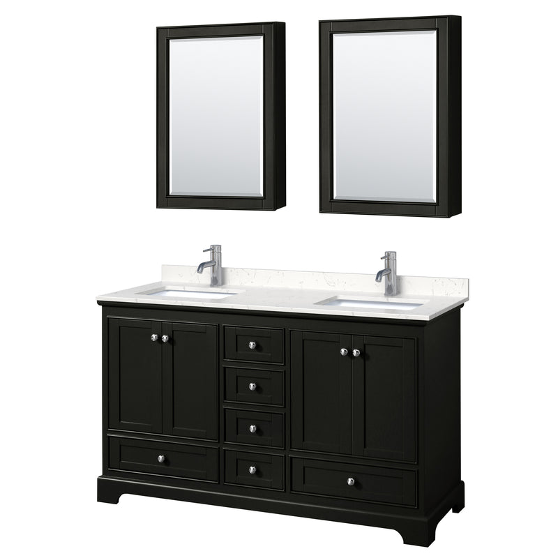 Wyndham Deborah 60" Double Bathroom Vanity In Dark Espresso With Light-Vein Carrara Cultured Marble Countertop Undermount Square Sinks And Medicine Cabinets WCS202060DDEC2UNSMED