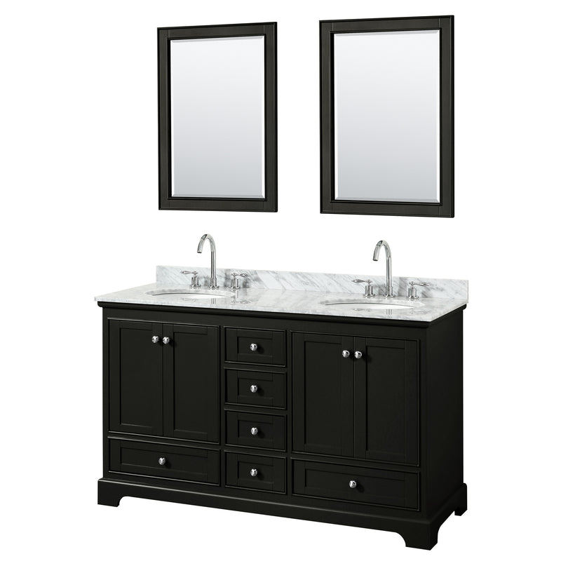 Wyndham Deborah 60" Double Bathroom Vanity In Dark Espresso White Carrara Marble Countertop Undermount Oval Sink And 24" Mirror WCS202060DDECMUNOM24