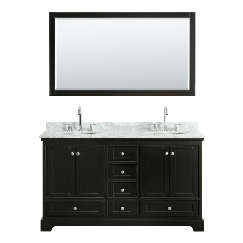 Wyndham Deborah 60" Double Bathroom Vanity In Dark Espresso White Carrara Marble Countertop Undermount Oval Sink and 58" Mirror WCS202060DDECMUNOM58