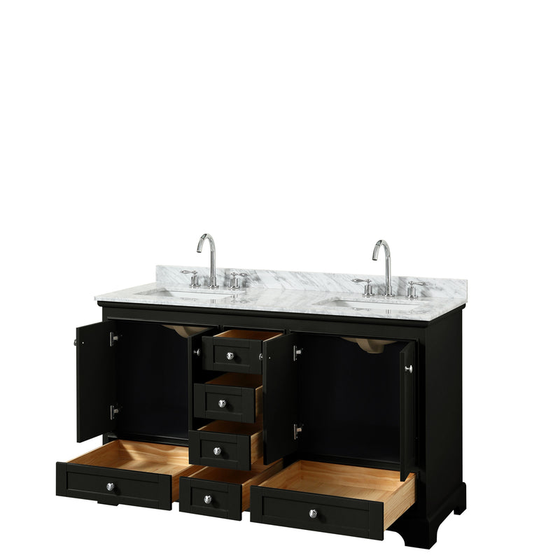 Wyndham Deborah 60" Double Bathroom Vanity In Dark Espresso White Carrara Marble Countertop Undermount Square Sink and No Mirror WCS202060DDECMUNSMXX