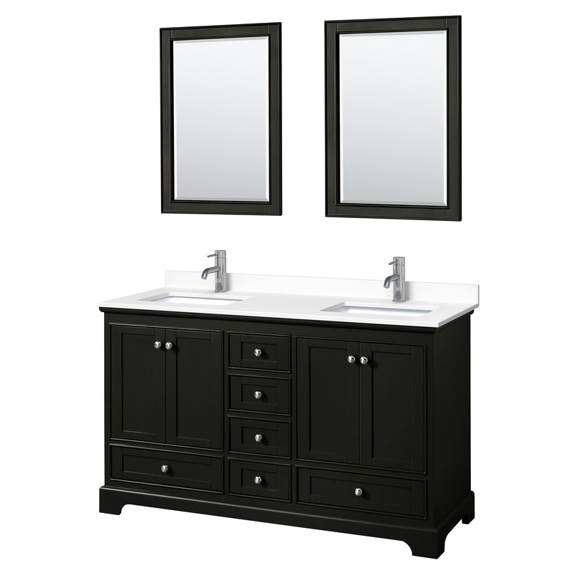 Wyndham Deborah 60" Double Bathroom Vanity In Dark Espresso With White Cultured Marble Countertop Undermount Square Sinks And 24" Mirrors WCS202060DDEWCUNSM24