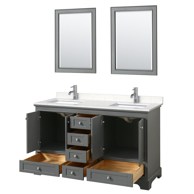 Wyndham Deborah 60" Double Bathroom Vanity In Dark Gray with Light-Vein Carrara Cultured Marble Countertop Undermount Square Sinks and 24" Mirrors WCS202060DKGC2UNSM24