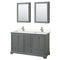 Wyndham Deborah 60" Double Bathroom Vanity In Dark Gray With Light-Vein Carrara Cultured Marble Countertop Undermount Square Sinks And Medicine Cabinets WCS202060DKGC2UNSMED