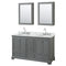 Wyndham Deborah 60" Double Bathroom Vanity In Dark Gray With White Carrara Marble Countertop Undermount Oval Sinks And Medicine Cabinets WCS202060DKGCMUNOMED