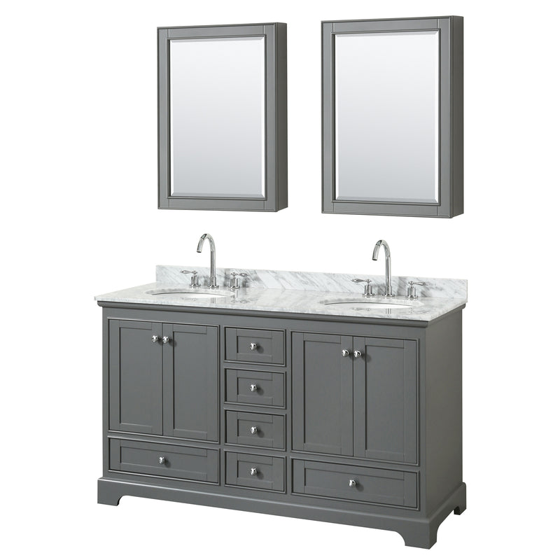 Wyndham Deborah 60" Double Bathroom Vanity In Dark Gray With White Carrara Marble Countertop Undermount Oval Sinks And Medicine Cabinets WCS202060DKGCMUNOMED