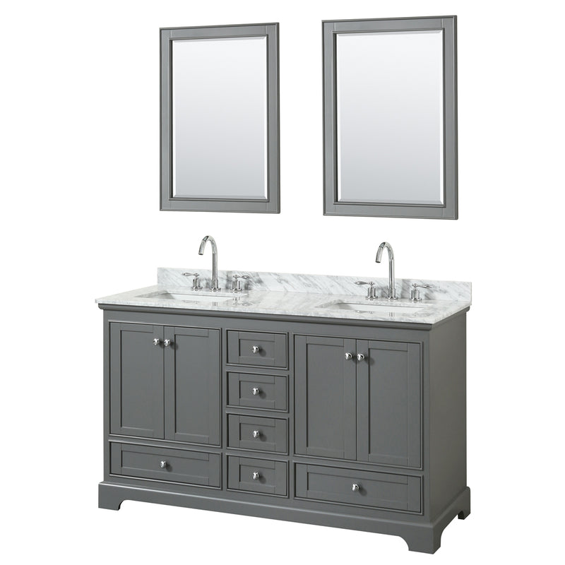 Wyndham Deborah 60" Double Bathroom Vanity In Dark Gray With White Carrara Marble Countertop Undermount Square Sinks And 24" Mirrors WCS202060DKGCMUNSM24