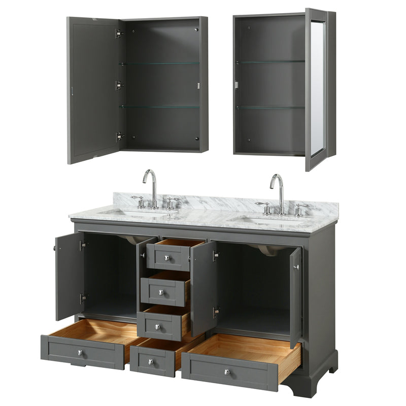 Wyndham Deborah 60" Double Bathroom Vanity In Dark Gray with White Carrara Marble Countertop Undermount Square Sinks and Medicine Cabinets WCS202060DKGCMUNSMED