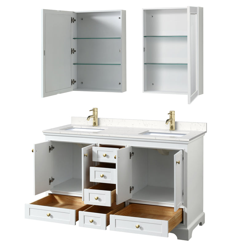 Wyndham Deborah 60" Double Bathroom Vanity In White with Light-Vein Carrara Cultured Marble Countertop Undermount Square Sinks Brushed Gold Trims and Medicine Cabinets WCS202060DWGC2UNSMED