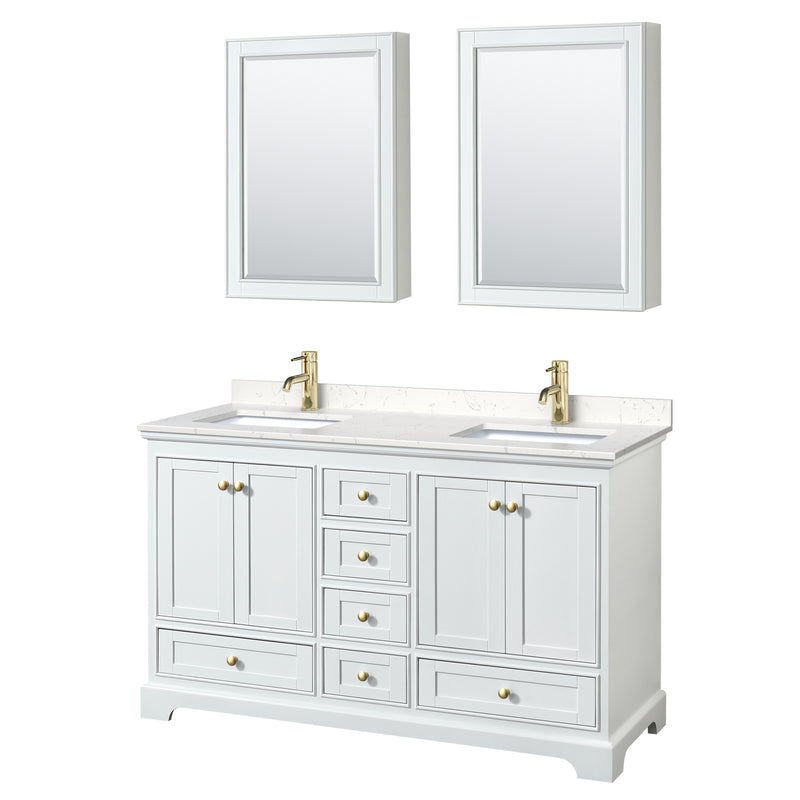 Wyndham Deborah 60" Double Bathroom Vanity In White With Light-Vein Carrara Cultured Marble Countertop Undermount Square Sinks Brushed Gold Trims And Medicine Cabinets WCS202060DWGC2UNSMED