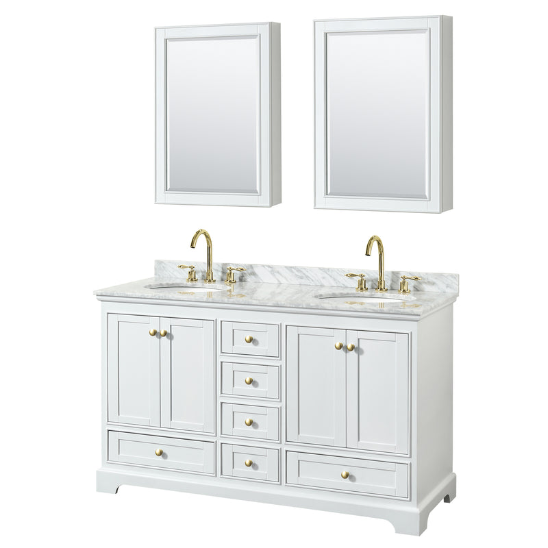 Wyndham Deborah 60" Double Bathroom Vanity In White With White Carrara Marble Countertop Undermount Oval Sinks Brushed Gold Trims And Medicine Cabinets WCS202060DWGCMUNOMED