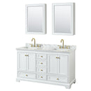 Wyndham Deborah 60" Double Bathroom Vanity In White With White Carrara Marble Countertop Undermount Square Sinks Brushed Gold Trims And Medicine Cabinets WCS202060DWGCMUNSMED