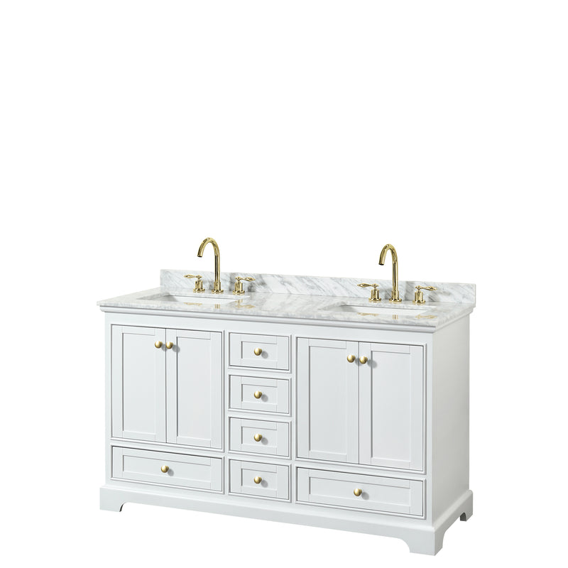 Wyndham Deborah 60" Double Bathroom Vanity In White With White Carrara Marble Countertop Undermount Square Sinks Brushed Gold Trims And No Mirror WCS202060DWGCMUNSMXX