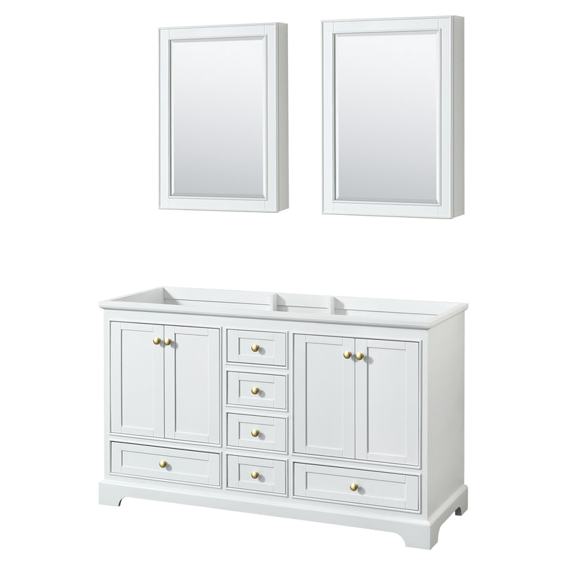 Wyndham Deborah 60" Double Bathroom Vanity In White With No Countertop No Sinks Brushed Gold Trims And Medicine Cabinets WCS202060DWGCXSXXMED