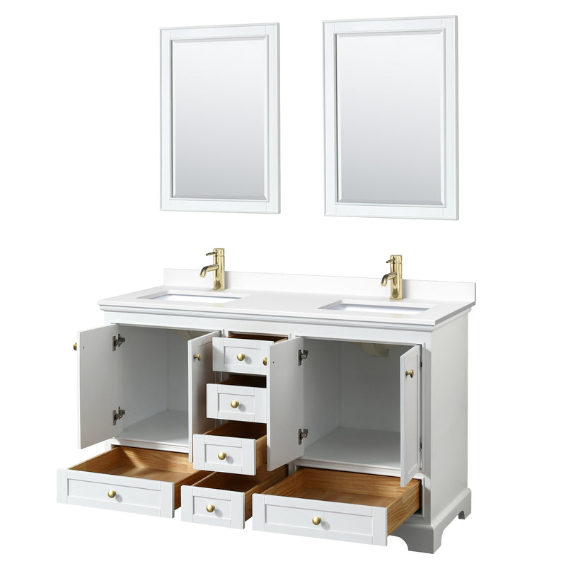 Wyndham Deborah 60" Double Bathroom Vanity In White with White Cultured Marble Countertop Undermount Square Sinks Brushed Gold Trims and 24" Mirrors WCS202060DWGWCUNSM24