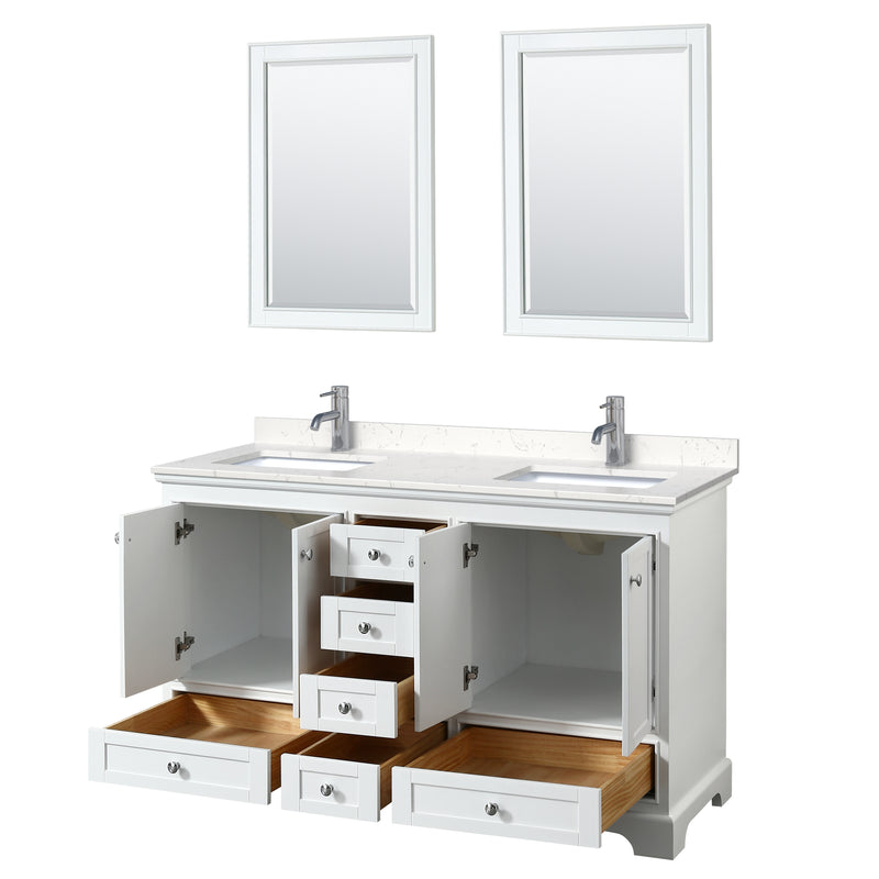 Wyndham Deborah 60" Double Bathroom Vanity In White with Light-Vein Carrara Cultured Marble Countertop Undermount Square Sinks and 24" Mirrors WCS202060DWHC2UNSM24