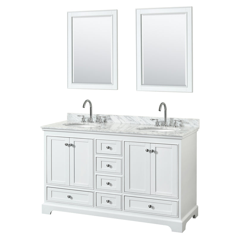 Wyndham Deborah 60" Double Bathroom Vanity In White With White Carrara Marble Countertop Undermount Oval Sinks And 24" Mirrors WCS202060DWHCMUNOM24