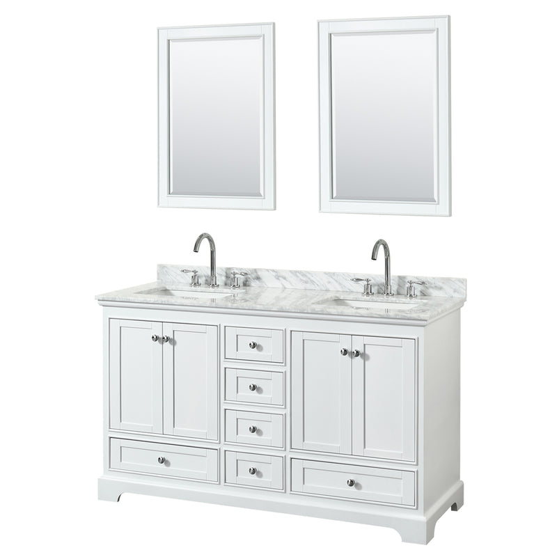 Wyndham Deborah 60" Double Bathroom Vanity In White With White Carrara Marble Countertop Undermount Square Sinks And 24" Mirrors WCS202060DWHCMUNSM24