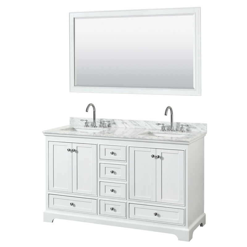 Wyndham Deborah 60" Double Bathroom Vanity In White With White Carrara Marble Countertop Undermount Square Sinks And 58" Mirror WCS202060DWHCMUNSM58