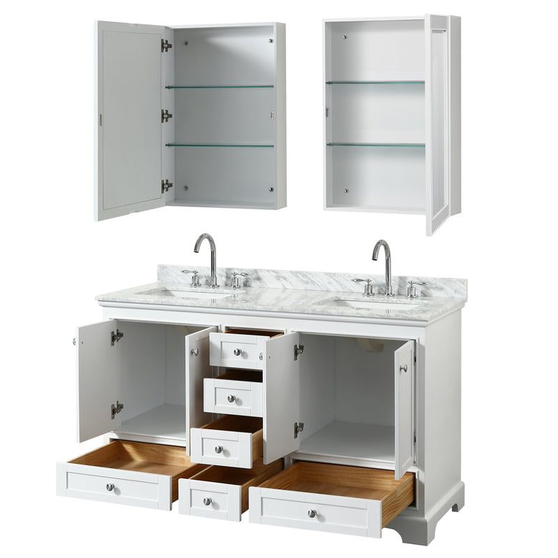 Wyndham Deborah 60" Double Bathroom Vanity In White with White Carrara Marble Countertop Undermount Square Sinks and Medicine Cabinets WCS202060DWHCMUNSMED