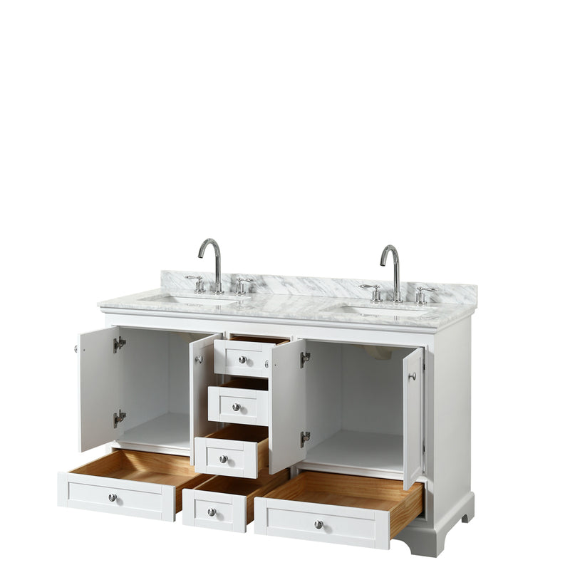 Wyndham Deborah 60" Double Bathroom Vanity In White with White Carrara Marble Countertop Undermount Square Sinks and No Mirror WCS202060DWHCMUNSMXX