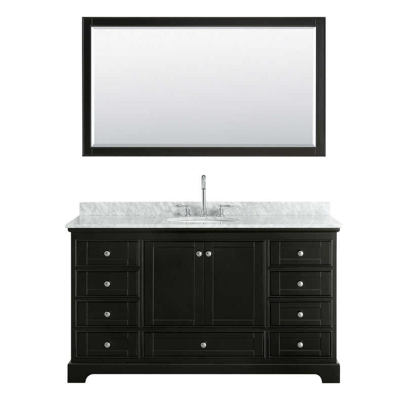 Wyndham Deborah 60" Single Bathroom Vanity In Dark Espresso White Carrara Marble Countertop Undermount Oval Sink and 58" Mirror WCS202060SDECMUNOM58