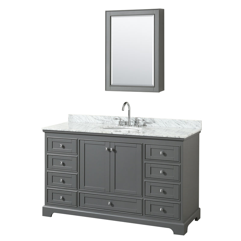 Wyndham Deborah 60" Single Bathroom Vanity In Dark Gray With White Carrara Marble Countertop Undermount Oval Sink And Medicine Cabinet WCS202060SKGCMUNOMED