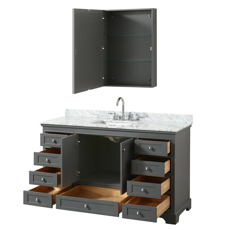 Wyndham Deborah 60" Single Bathroom Vanity In Dark Gray with White Carrara Marble Countertop Undermount Square Sink and Medicine Cabinet WCS202060SKGCMUNSMED