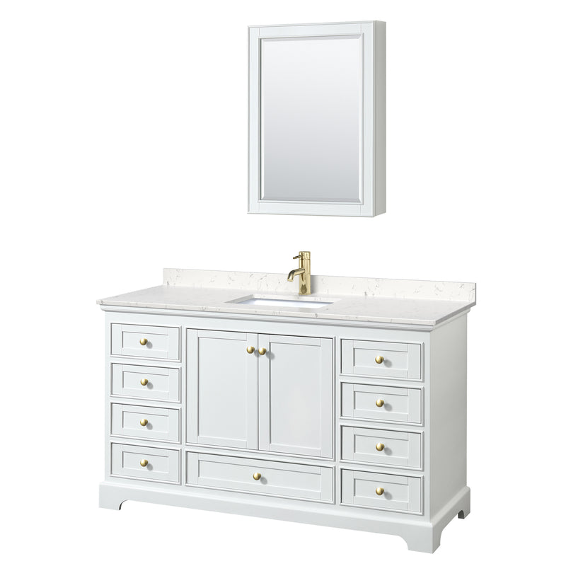 Wyndham Deborah 60" Single Bathroom Vanity In White With Light-Vein Carrara Cultured Marble Countertop Undermount Square Sink Brushed Gold Trims And Medicine Cabinet WCS202060SWGC2UNSMED