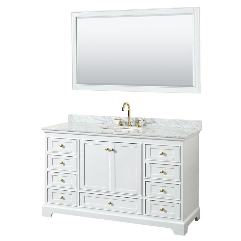 Wyndham Deborah 60" Single Bathroom Vanity In White With White Carrara Marble Countertop Undermount Oval Sink Brushed Gold Trims And 58" Mirror WCS202060SWGCMUNOM58