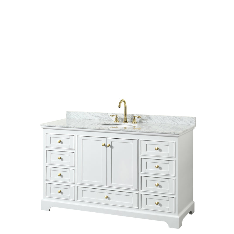 Wyndham Deborah 60" Single Bathroom Vanity In White With White Carrara Marble Countertop Undermount Oval Sink Brushed Gold Trims And No Mirror WCS202060SWGCMUNOMXX