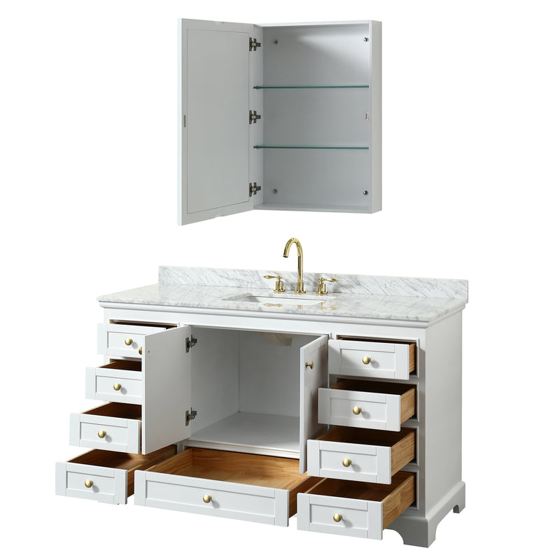 Wyndham Deborah 60" Single Bathroom Vanity In White with White Carrara Marble Countertop Undermount Square Sink Brushed Gold Trims and Medicine Cabinet WCS202060SWGCMUNSMED