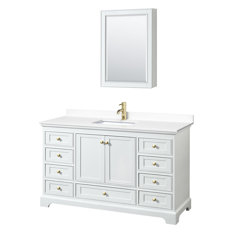 Wyndham Deborah 60" Single Bathroom Vanity In White With White Cultured Marble Countertop Undermount Square Sink Brushed Gold Trims And Medicine Cabinet WCS202060SWGWCUNSMED