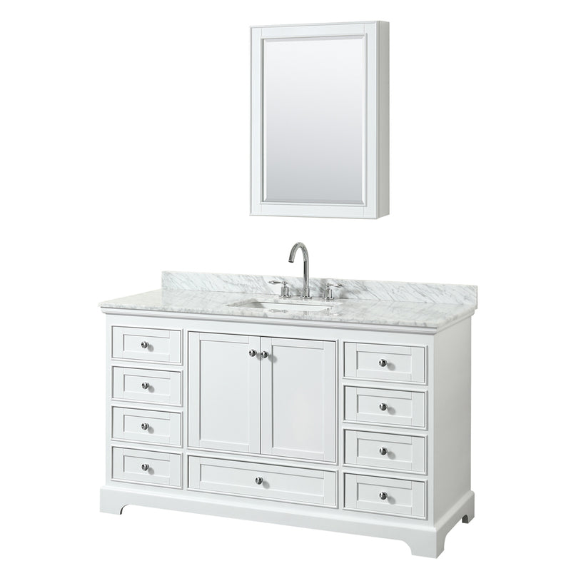 Wyndham Deborah 60" Single Bathroom Vanity In White With White Carrara Marble Countertop Undermount Square Sink And Medicine Cabinet WCS202060SWHCMUNSMED