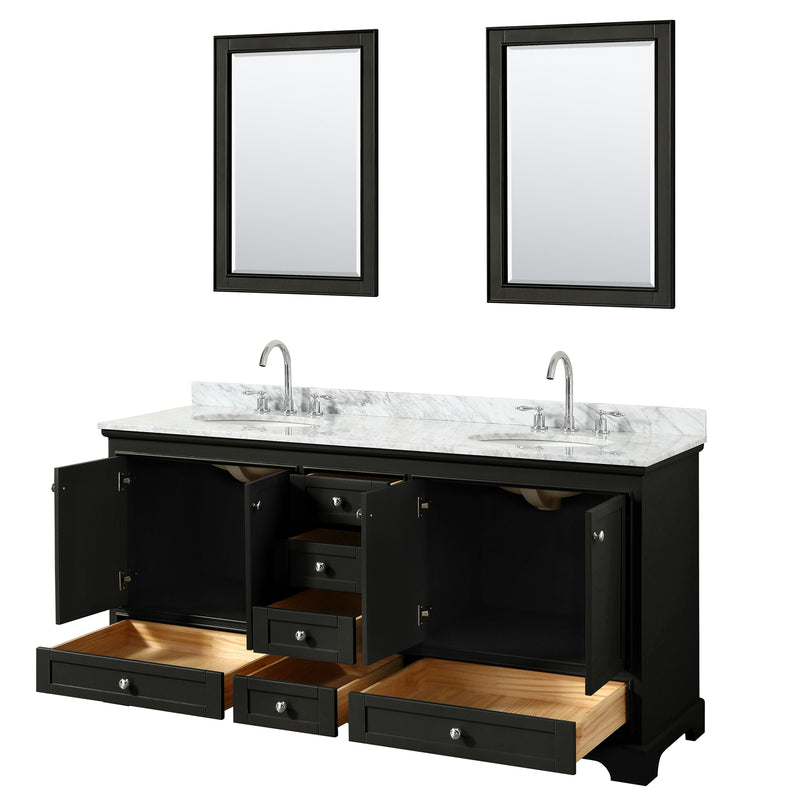 Wyndham Deborah 72" Double Bathroom Vanity In Dark Espresso White Carrara Marble Countertop Undermount Oval Sink and 24" Mirror WCS202072DDECMUNOM24