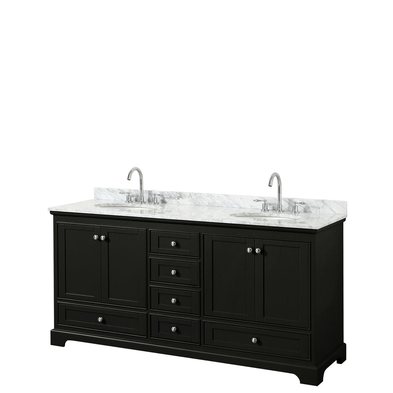 Wyndham Deborah 72" Double Bathroom Vanity In Dark Espresso White Carrara Marble Countertop Undermount Oval Sink And No Mirror WCS202072DDECMUNOMXX