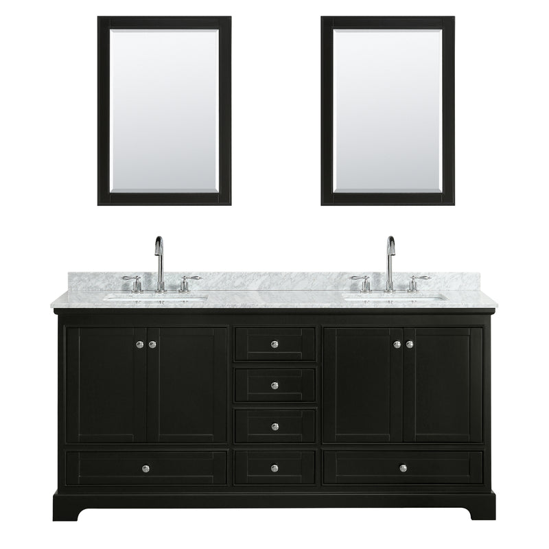 Wyndham Deborah 72" Double Bathroom Vanity In Dark Espresso White Carrara Marble Countertop Undermount Square Sink and 24" Mirror WCS202072DDECMUNSM24