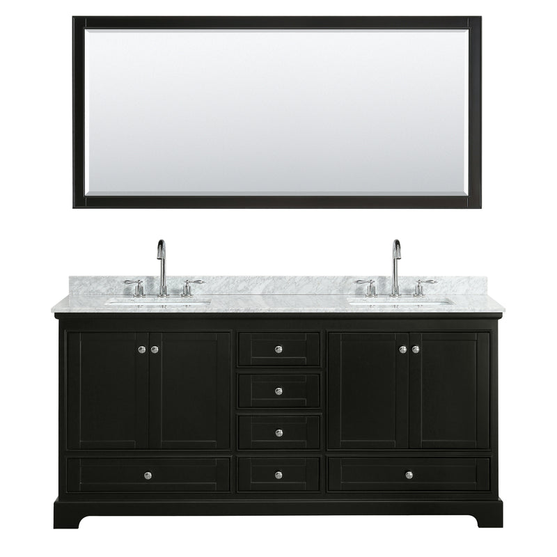 Wyndham Deborah 72" Double Bathroom Vanity In Dark Espresso White Carrara Marble Countertop Undermount Square Sink and 70" Mirror WCS202072DDECMUNSM70