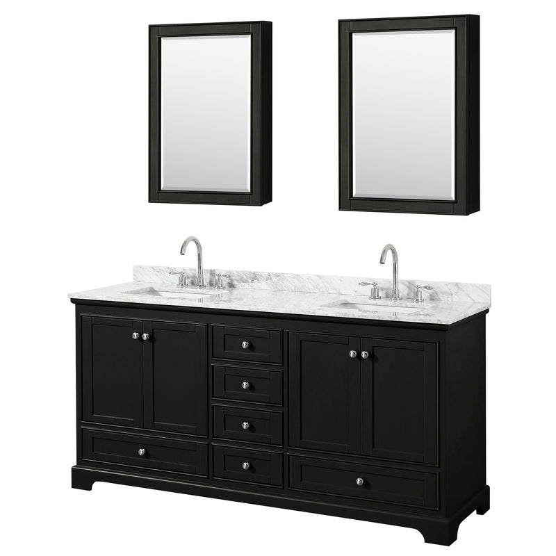 Wyndham Deborah 72" Double Bathroom Vanity In Dark Espresso White Carrara Marble Countertop Undermount Square Sink And Medicine Cabinet WCS202072DDECMUNSMED