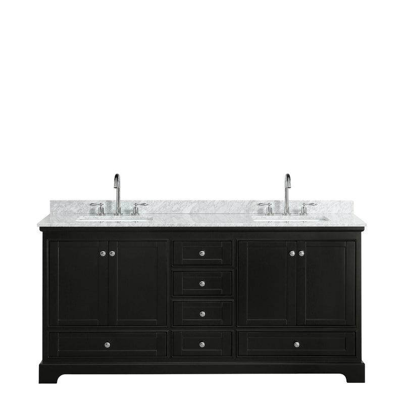 Wyndham Deborah 72" Double Bathroom Vanity In Dark Espresso White Carrara Marble Countertop Undermount Square Sink and No Mirror WCS202072DDECMUNSMXX