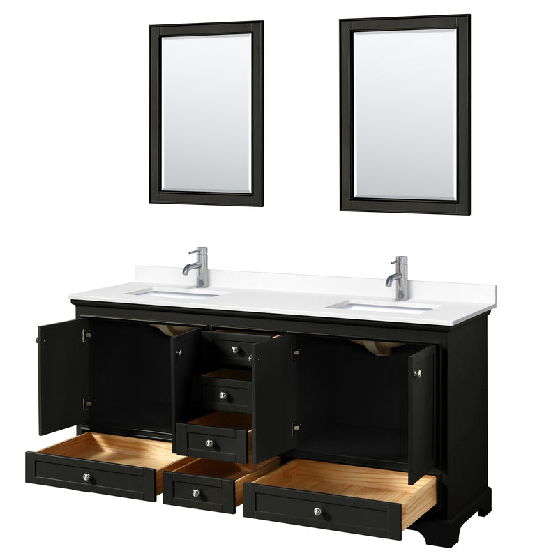 Wyndham Deborah 72" Double Bathroom Vanity In Dark Espresso with White Cultured Marble Countertop Undermount Square Sinks and 24" Mirrors WCS202072DDEWCUNSM24