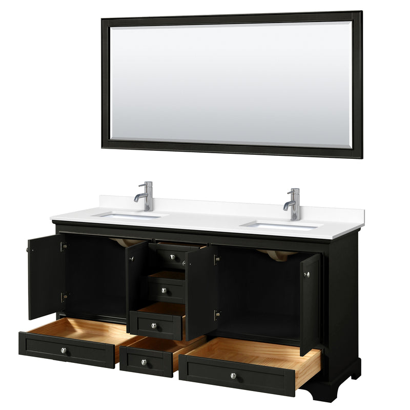 Wyndham Deborah 72" Double Bathroom Vanity In Dark Espresso with White Cultured Marble Countertop Undermount Square Sinks and 70" Mirror WCS202072DDEWCUNSM70